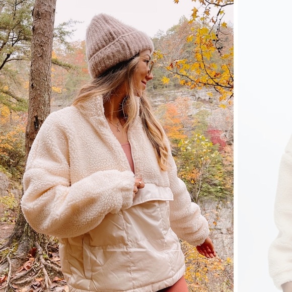 Fabletics Nelly Mixed Media Half Zip Women's Cream Jacket Size S Sherpa Puffer - Picture 9 of 9